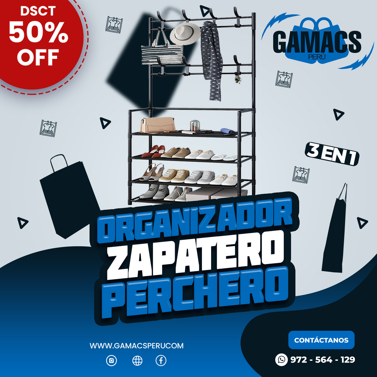 3 EN 1 ORGANIZADOR, ZAPATERO 👟PERCHERO 👜 – GAMACS PERU